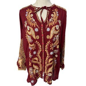 Johnny Was Embroidered Burgundy Boho Tunic Floral Paisley Silk Blend Top S